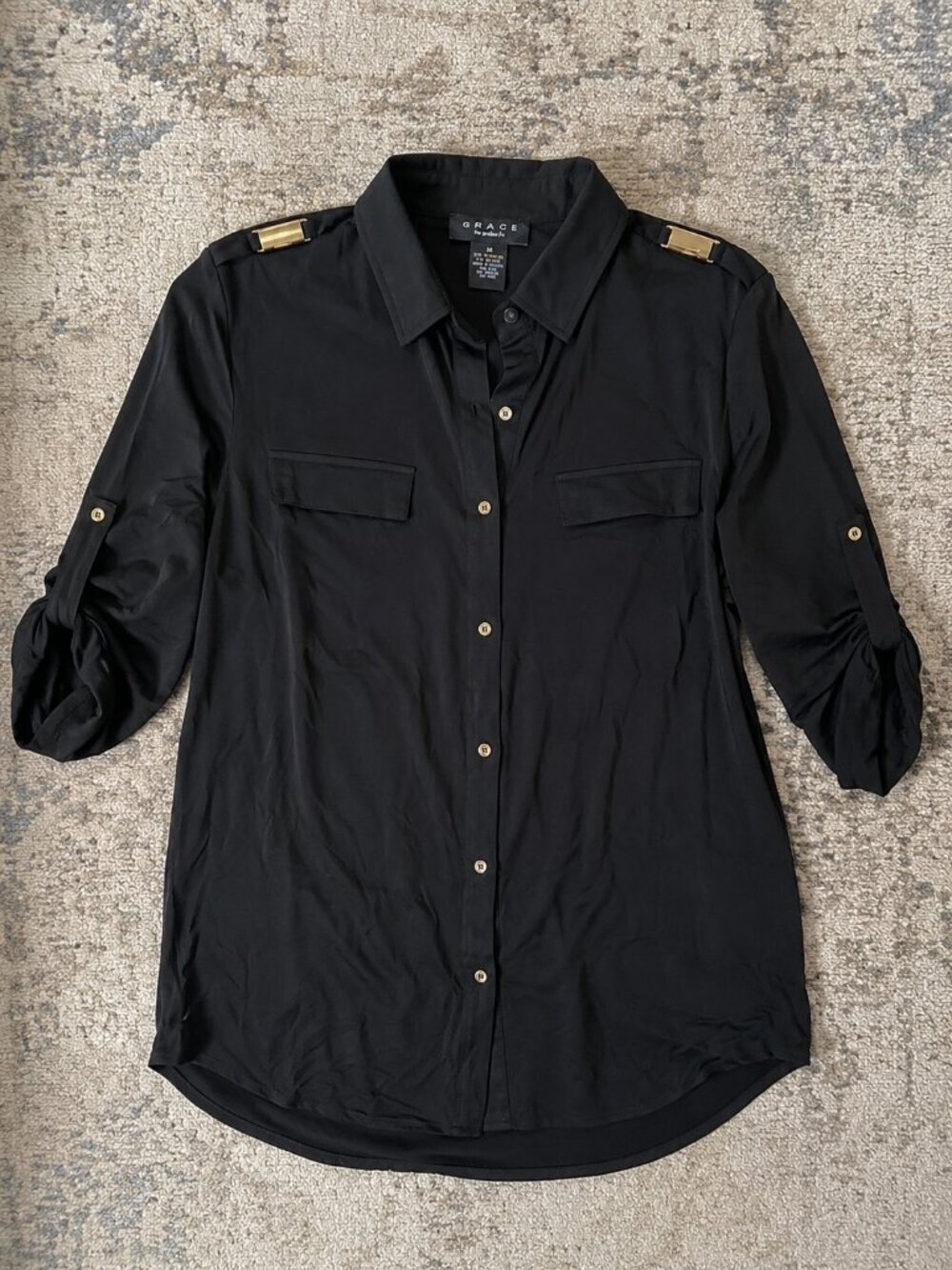 Grace Black Satin Button Down Top Size S NWT Classic Collared Blouse